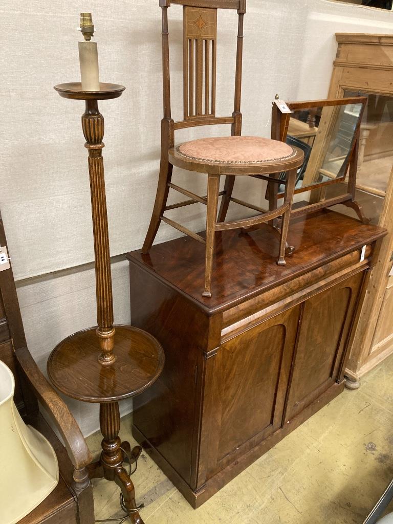 A mahogany skeleton frame toilet mirror, width 56cm, an Edwardian inlaid side chair and a beech standard lamp